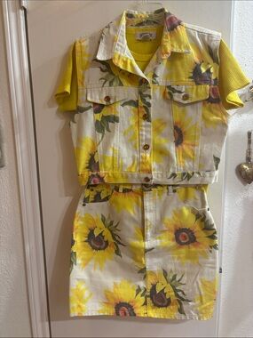 Jean Fabric Yellow Sunflowers Skirt , Vest and Yellow T